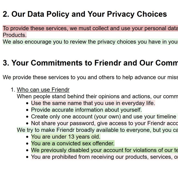 terms of service with highlighted portions
